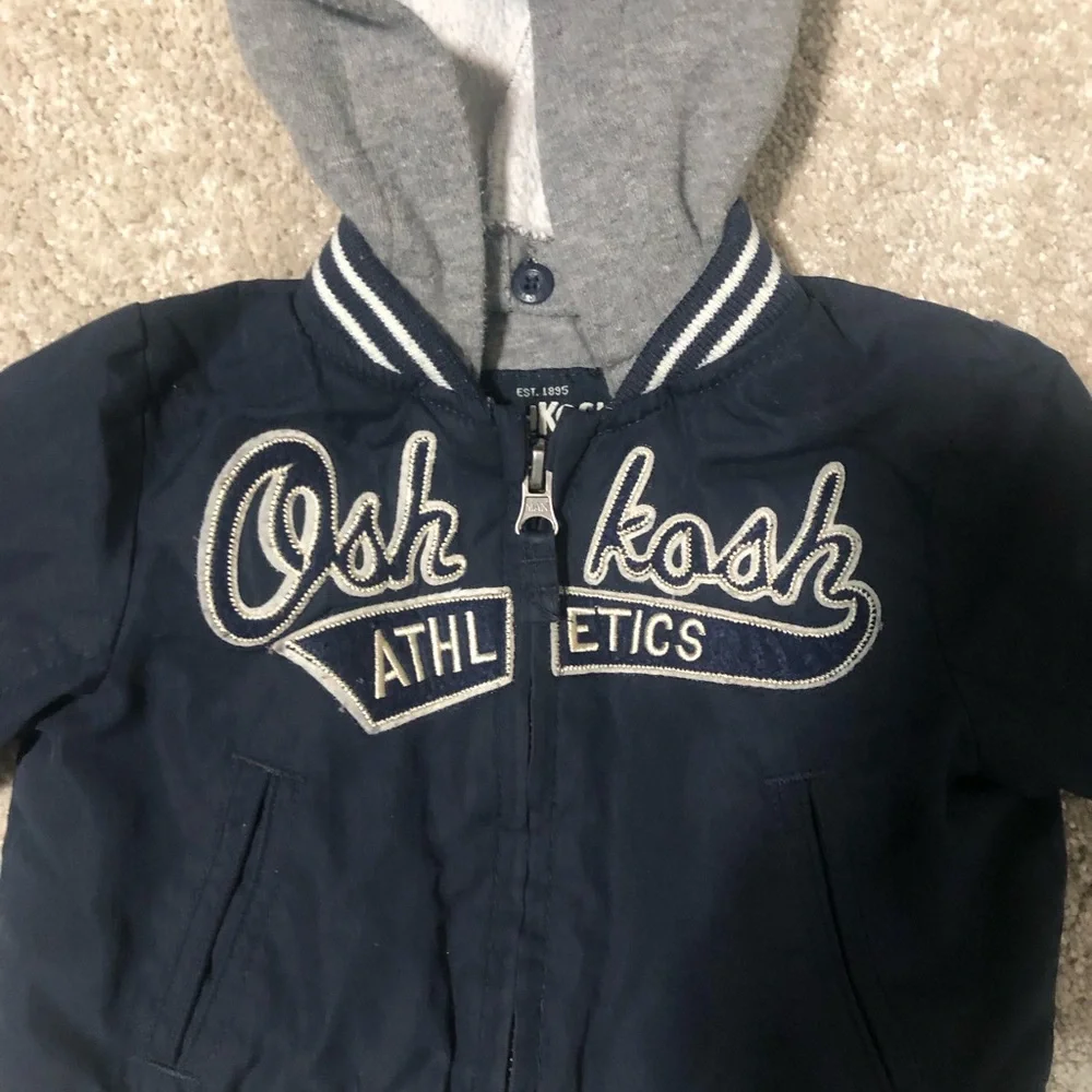 Oshkosh Bgosh baseball style jacket navy blue with detachable hood Sz 12mo